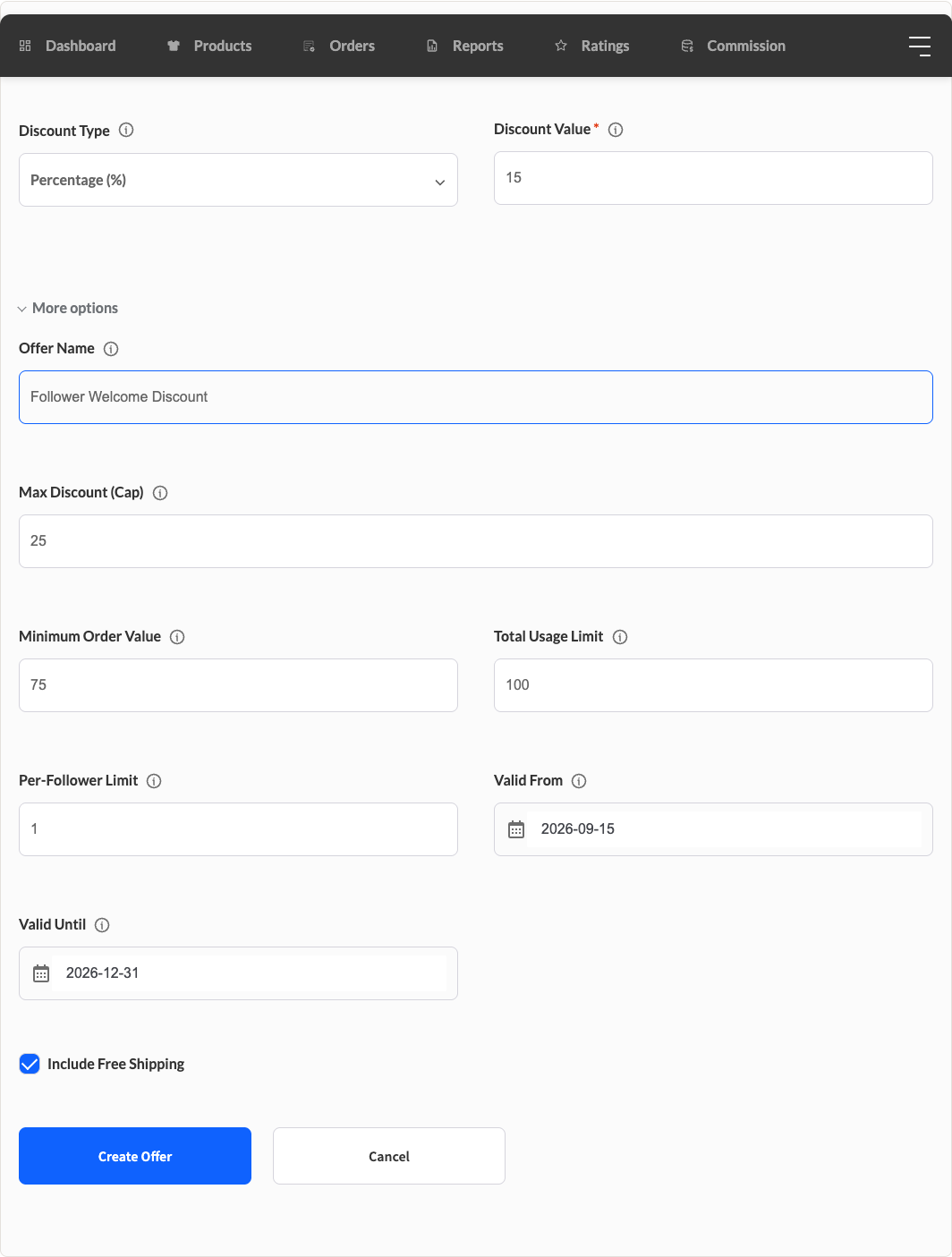 wc-vendors-engage-follower-offer-form-free-shipping - WC Vendors Formularz oferty pokazujący nowe pole wyboru Dołącz darmową dostawę, z włączoną wysyłką sprzedawcy w WC Vendors Pro