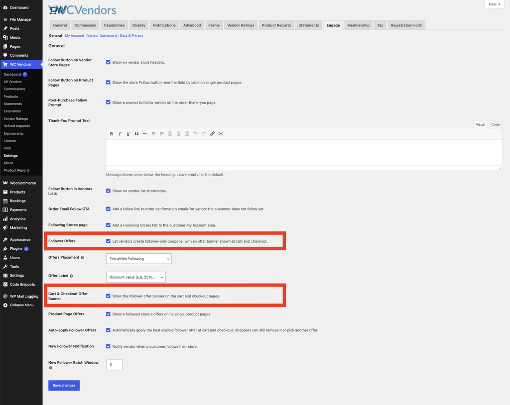 wc vendors engage - einstellungen - allgemein follower angebote - WC Vendors Sowohl die Option „Follower-Angebote“ als auch die Option „Warenkorb- & Checkout-Angebotsbanner“ sollten aktiviert sein.
