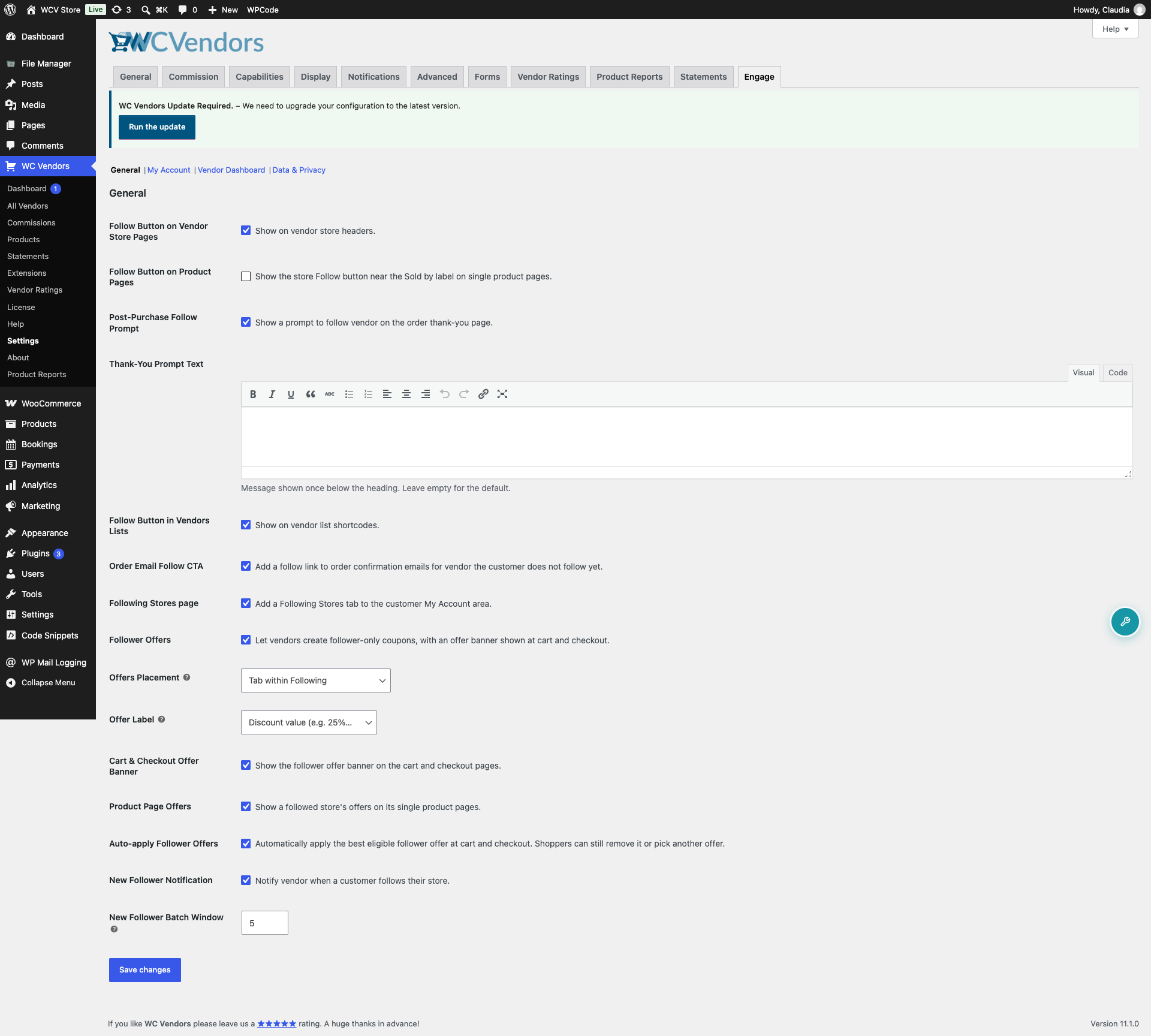 wc-vendors-engage-settings-general-full - WC Vendors La sección General de la pestaña de configuración de Engage, que muestra las 15 configuraciones, incluido el botón Seguir en las páginas de productos, el mensaje de seguimiento posterior a la compra con el campo de texto del mensaje de agradecimiento expandido, la CTA del correo electrónico del pedido, el menú desplegable de la etiqueta de la oferta, la notificación de nuevos seguidores y la ventana de lotes de nuevos seguidores.