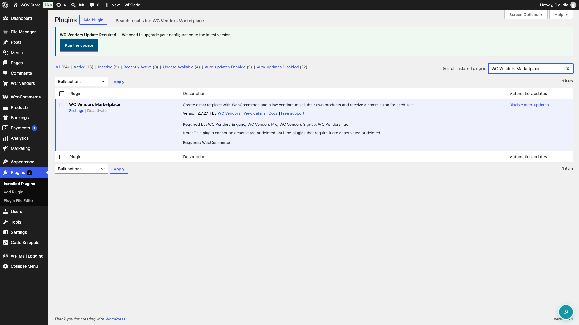 wc-vendors-installed-plugins-version-number - WC Vendors Page des plugins installés de WordPress filtrée pour WC Vendors Marketplace, affichant la version 2.7.2.1
