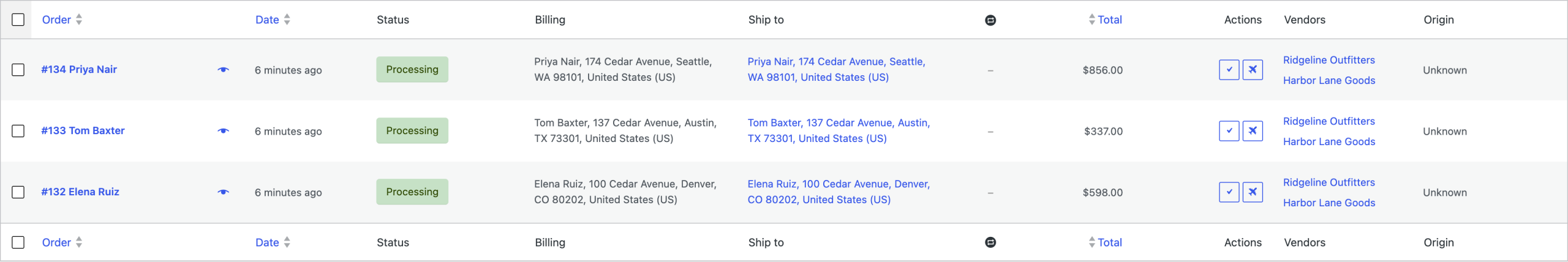 Orders list showing the actions column and the vendors on each order
