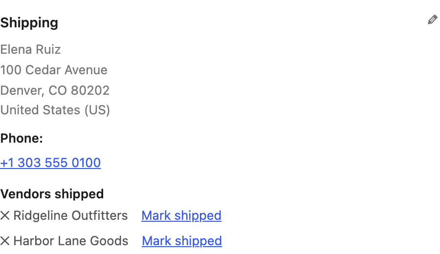 Vendors shipped panel with a mark shipped link for each vendor on the order