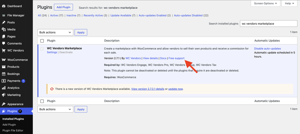 wc vendors marketplace - mettre à jour maintenant - WC Vendors La page Plugins installés avec WC Vendors mis en surbrillance, montrant le lien mettre à jour maintenant