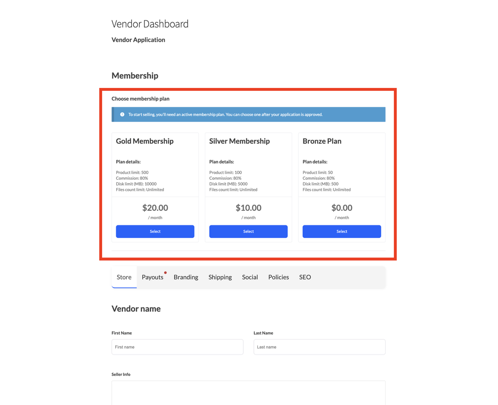 wc vendors membership - sélection de plan sur l'inscription par défaut - WC Vendors Sélection du plan d'adhésion affichée sur le formulaire d'inscription dédié du vendeur via WC Vendors Pro