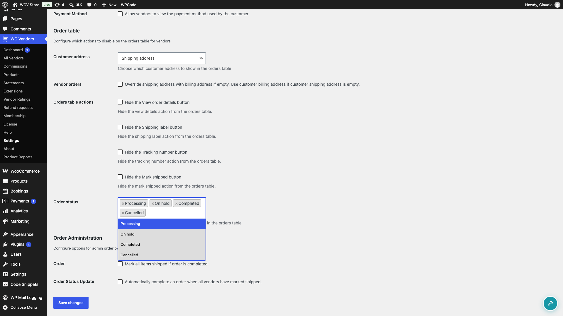 wc-vendors-order-status-multiselect-dropdown-open - WC Vendors Champ de sélection multiple du statut de commande de WC Vendors ouvert montrant les statuts de commande sélectionnables