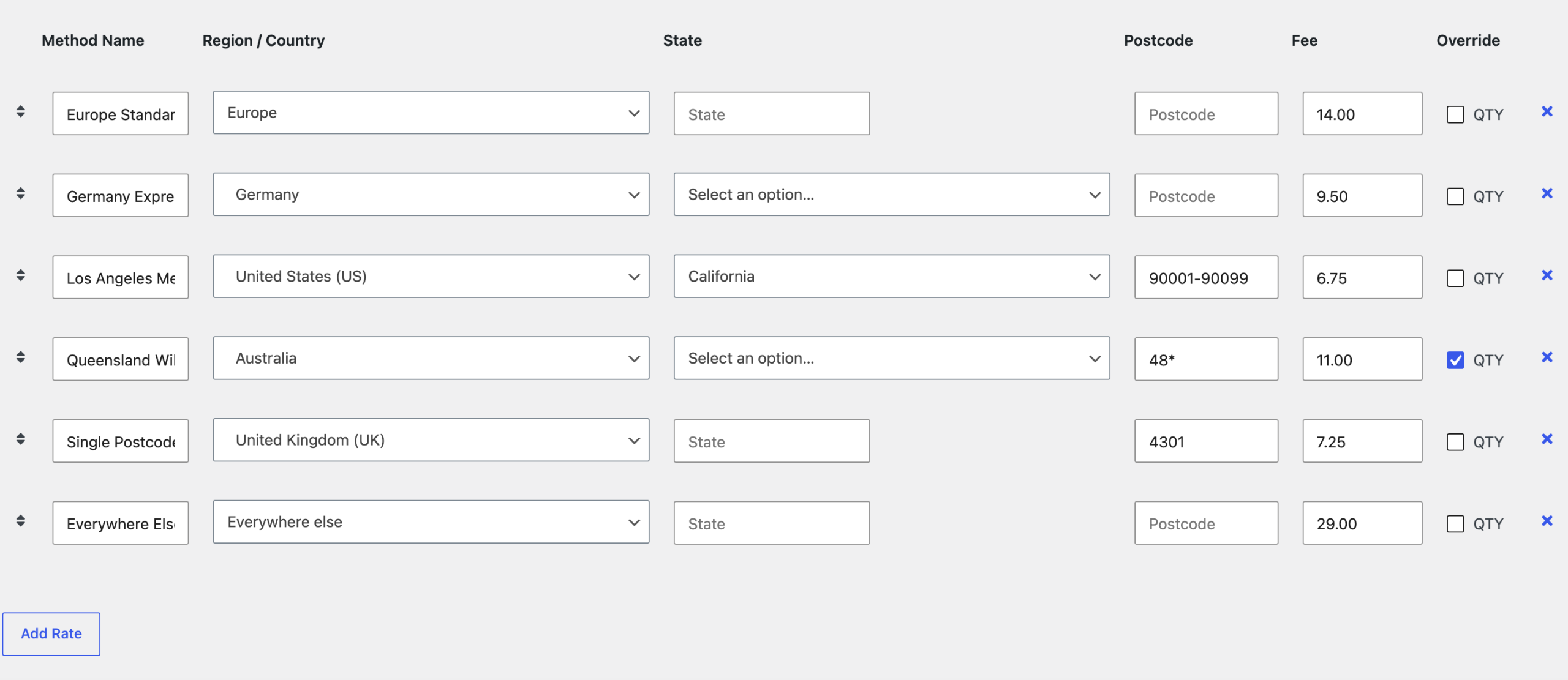 Country table rate rows showing a region, countries, a postcode range, a wildcard postcode and Everywhere else