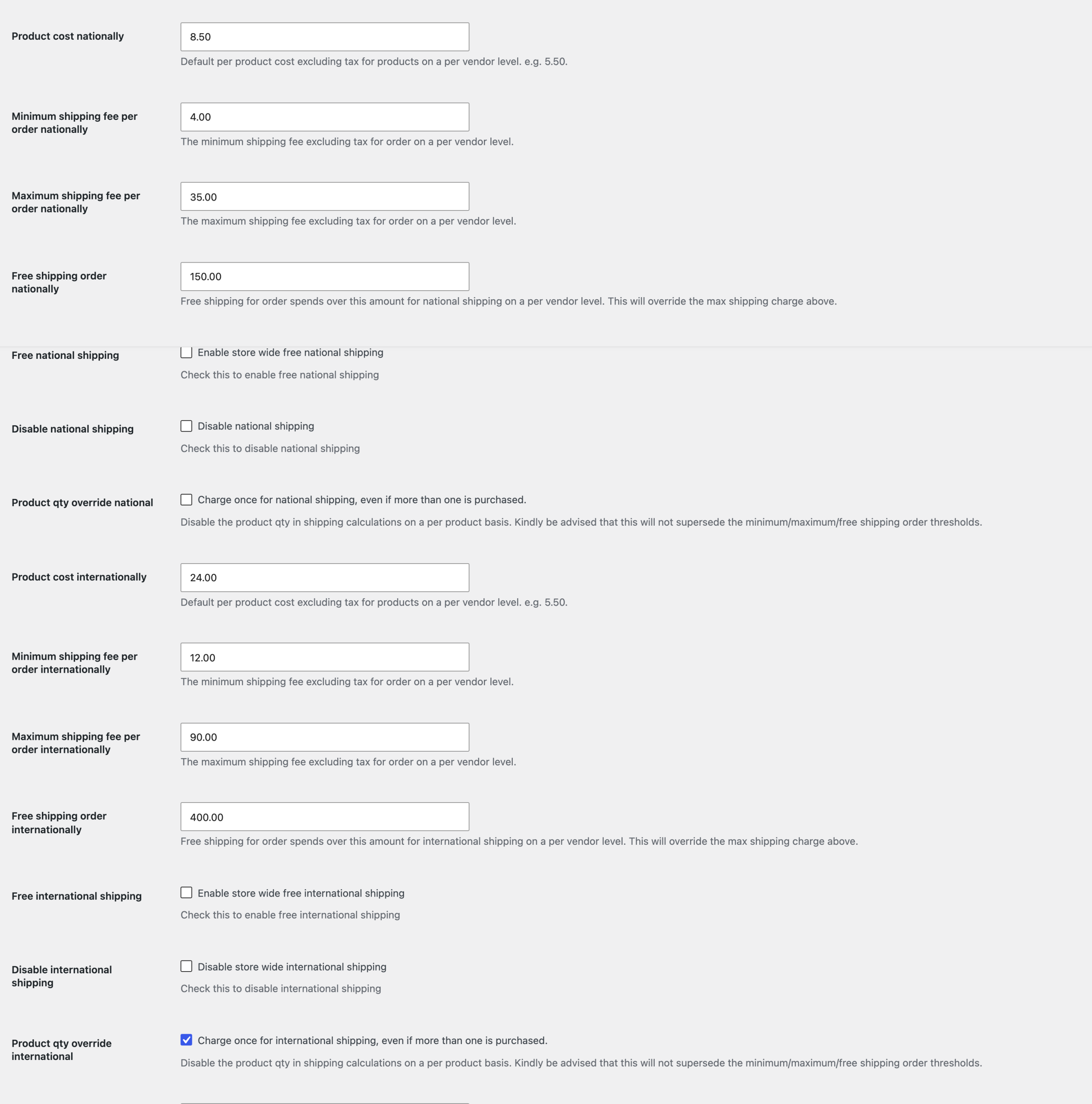 National and international flat rate shipping options in the vendor shipping settings