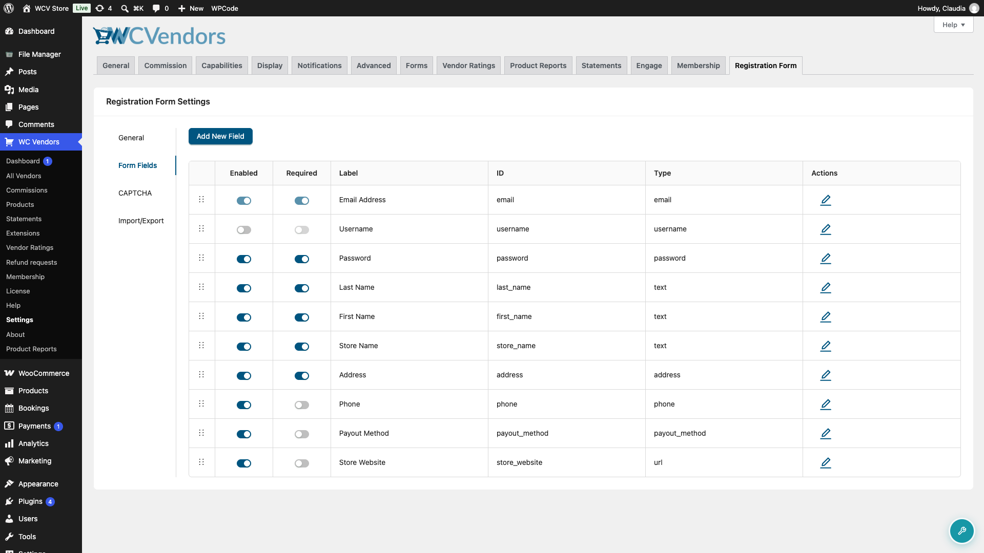 wc-vendors-signup-form-fields-tab - WC Vendors Scherm Instellingen Registratieformulier met het tabblad Formuliervelden geselecteerd, met de tabel met velden
