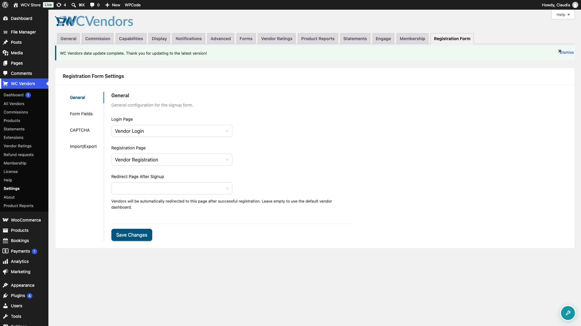 wc-vendors-signup-settings-menu-registration-tab - WC Vendors WC Vendors admin menu met het submenu Instellingen geopend, tabblad Registratieformulier zichtbaar