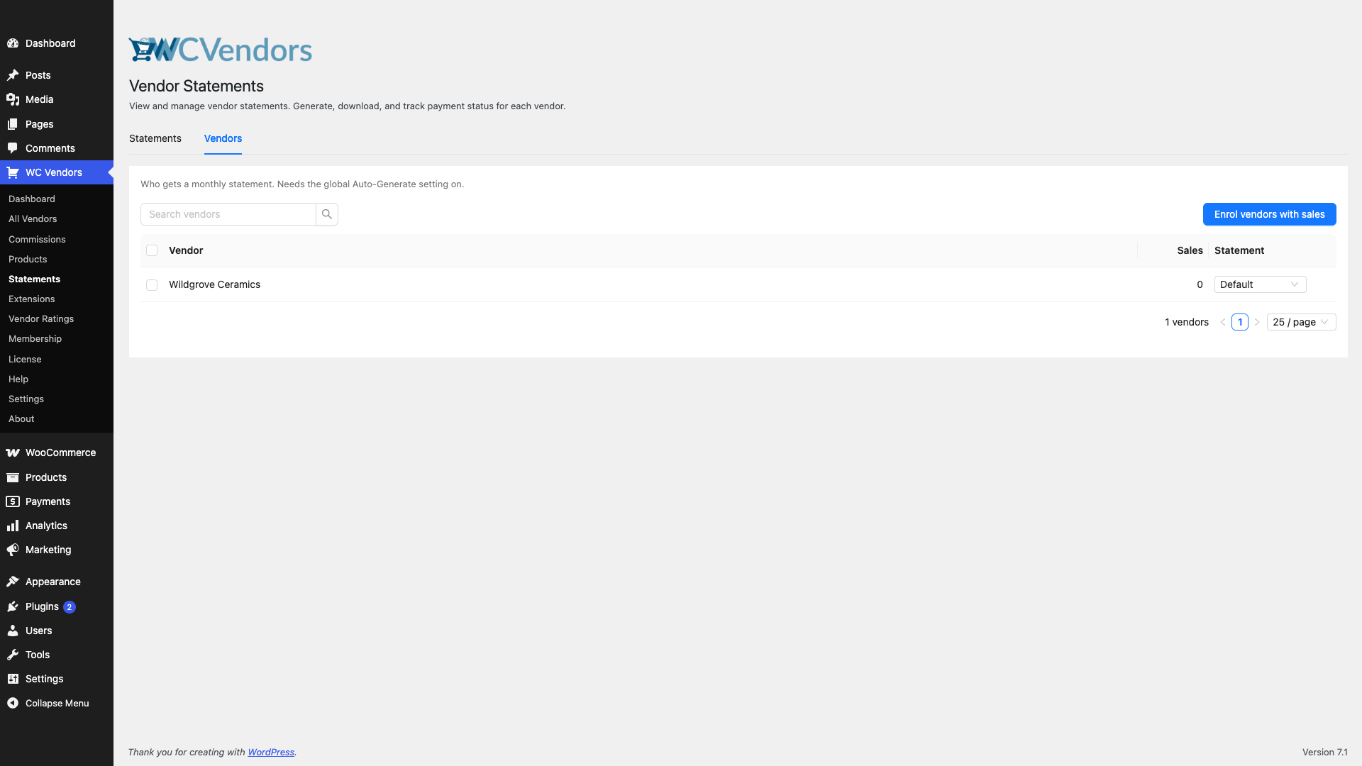 wc-vendors-statements-vendors-tab-per-vendor-setting - WC Vendors The Vendors tab in WC Vendors Statements, showing the per-vendor Statement column
