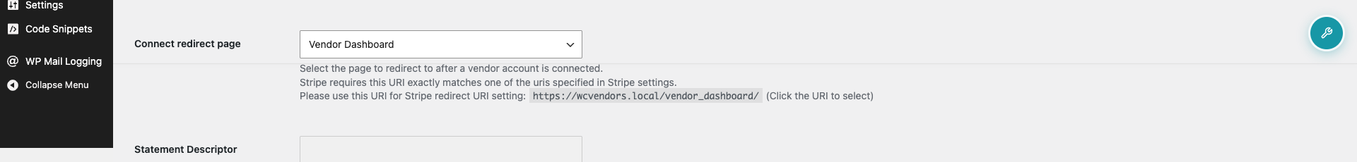 wc-vendors-stripe-connect-redirect-page-permalink - WC Vendors Dropdown voor de verbindingsomleidingspagina in WC Vendors Stripe Connect-instellingen, met de permalink van de pagina eronder weergegeven