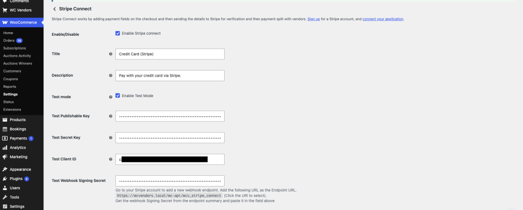 wc-vendors-stripe-connect-settings-api-keys - WC Vendors WC Vendors Stripe Connect-instellingenscherm met de velden Publishable Key, Secret Key, Client ID en Webhook Signing Secret