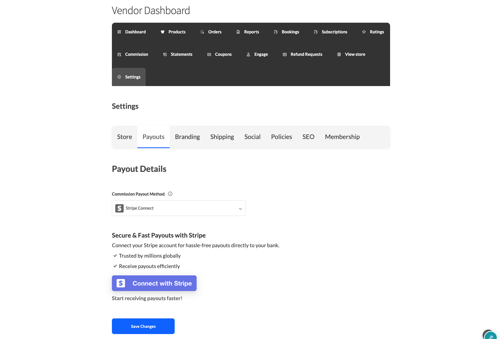 wc-vendors-stripe-connect-vendor-payouts-tab - WC Vendors Verkopersdashboard Instellingen, tabblad Uitbetalingen met Stripe Connect geselecteerd als de Commissie Uitbetalingsmethode en de knop Connect with Stripe zichtbaar