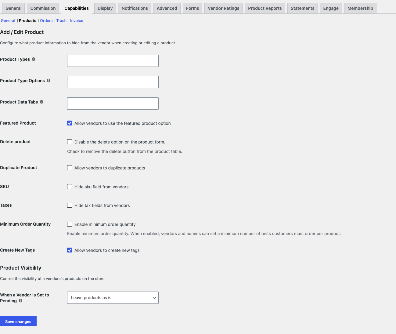 wcv-caps-products-delete-product - WC Vendors WC Vendors Settings Capabilities Products section with the Delete product capability visible
