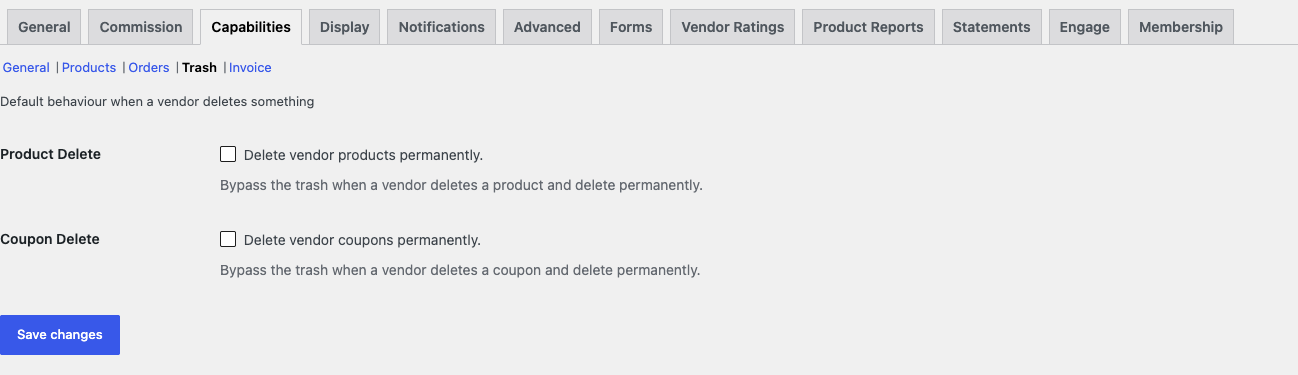 wcv-caps-trash-product-delete - WC Vendors WC Vendors Settings Capabilities Trash section showing the Product Delete and Coupon Delete options, both unticked