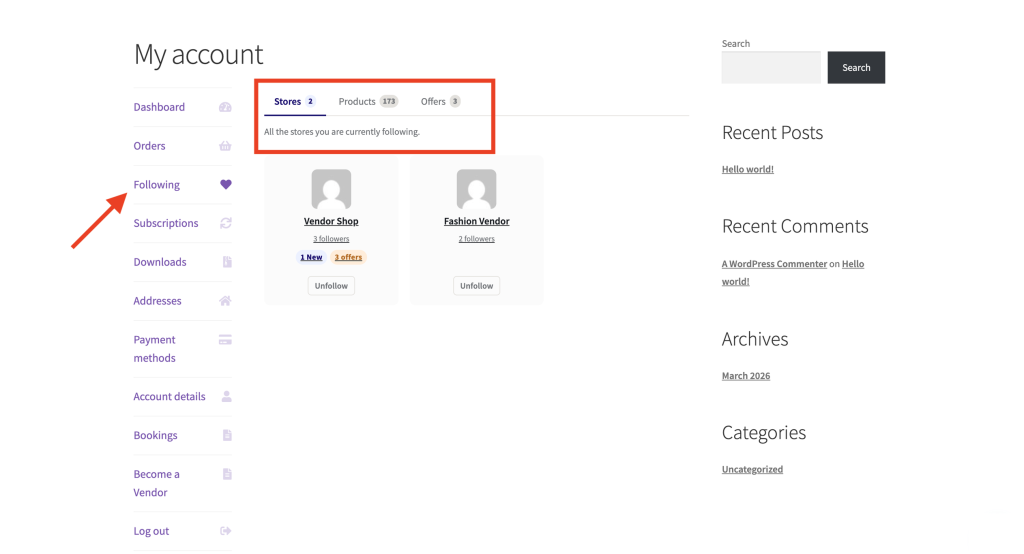 wcv engage - mijn account - volgen - WC Vendors Account dashboard met linker navigatie en tabstrip die Winkels, Producten, Aanbiedingen toont; twee verkoperskaarten zichtbaar