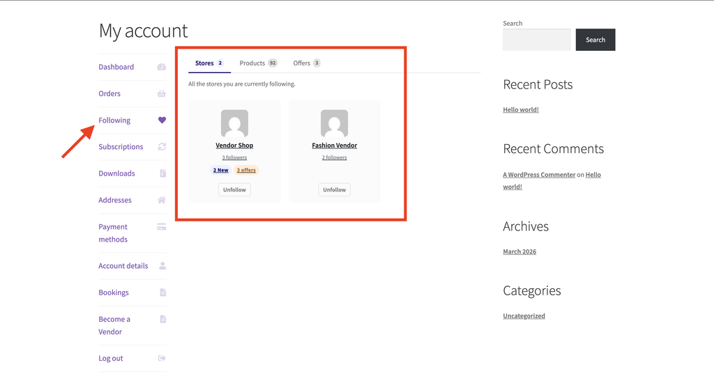 wcv engage - mijn account - volgen beheren - WC Vendors Mijn accountpagina met het tabblad Volgen geselecteerd (gemarkeerd met een rode pijl), met een lijst van gevolgde verkopers