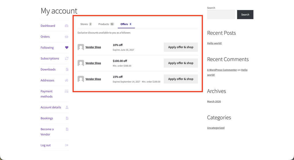 wcv engage - mijn account - aanbiedingen - WC Vendors Account dashboard met een linkernavigatiemenu en een centraal Aanbiedingenpaneel met drie aanbiedingen en "Aanbieding toepassen" knoppen.