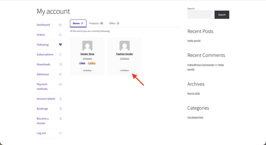 wcv engage - mijn account - niet meer volgen - WC Vendors Mijn accountpagina met het tabblad Volgen geselecteerd, met een lijst van gevolgde verkopers met knoppen Ontvolgen (gemarkeerd met een rode pijl)