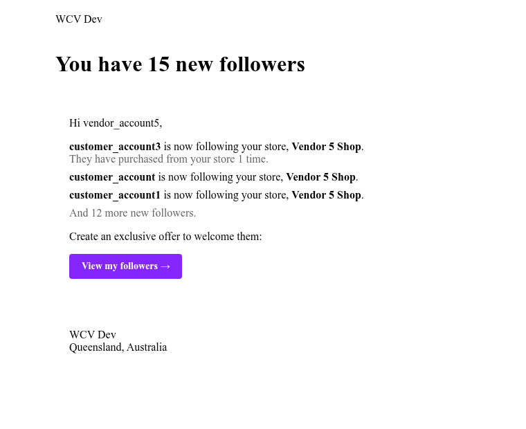 wcv-pr-email-batch - WC Vendors Notification email indicating 15 new followers for Vendor 5 Shop, showing sample follower activity and a purple'View my followers' button.