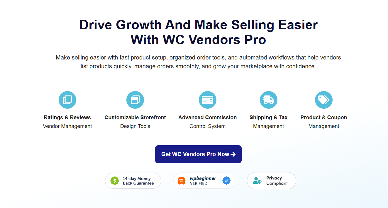 WC Vendors Pro website landing page