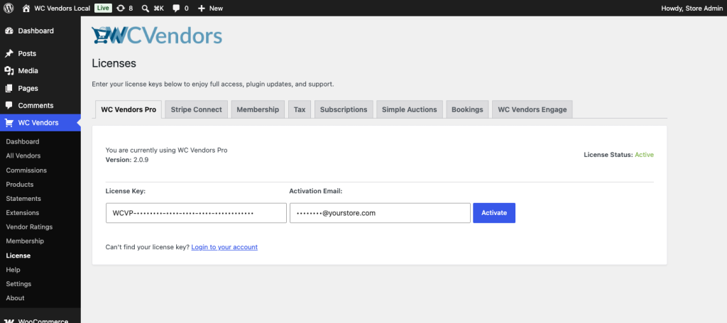 WC Vendors License page - WC Vendors WC Vendors License page with the WC Vendors Pro tab open, showing the License Key and Activation Email fields and the Activate button