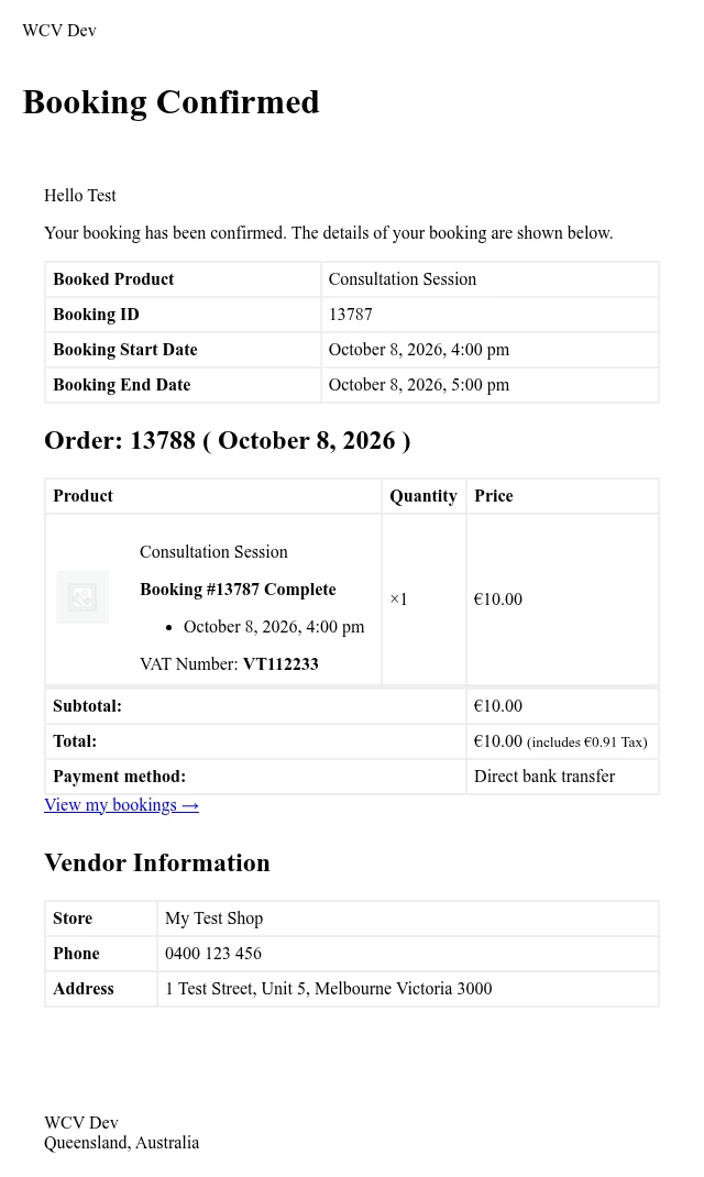 Booking Confirmed email with Vendor Information - WC Vendors Booking Confirmed email with a Vendor Information table listing the store name, phone number and address
