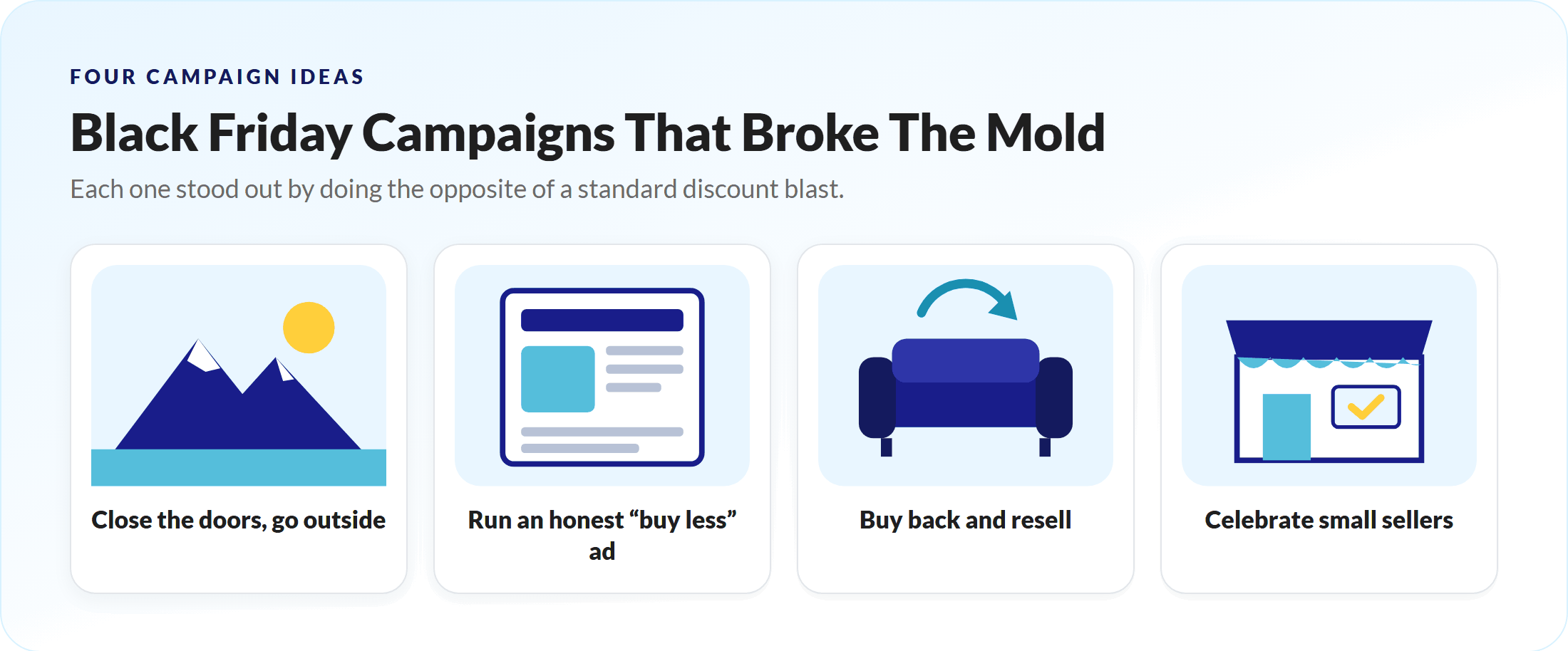 Creative Black Friday campaign ideas - WC Vendors Four Black Friday campaign ideas: close the doors and go outside, an honest buy-less ad, buy back and resell, and celebrate small sellers