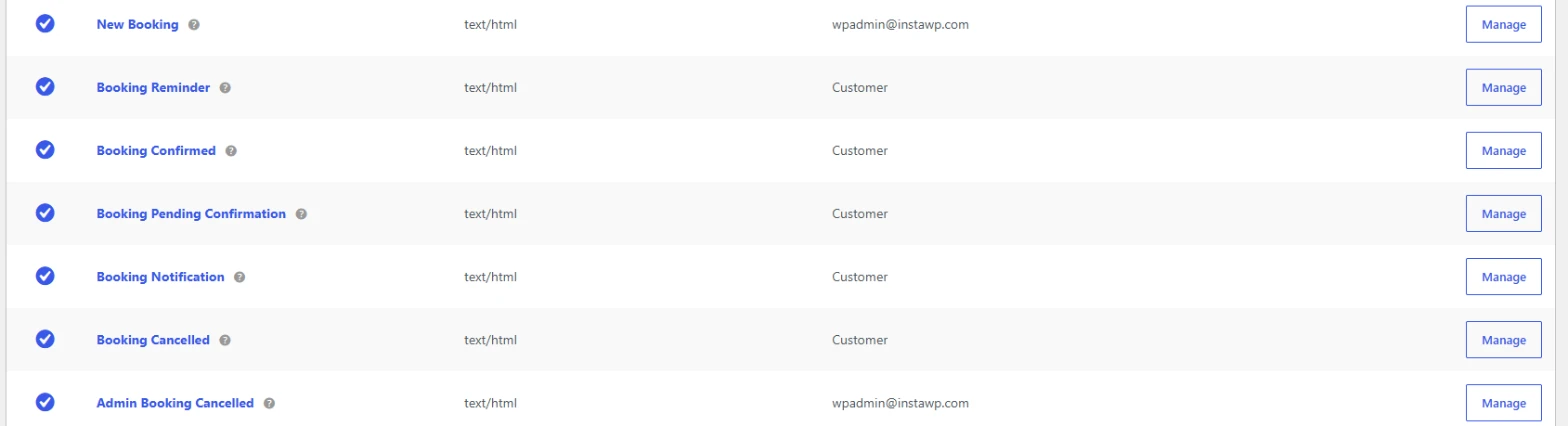 Customer booking emails in WooCommerce settings - WC Vendors WooCommerce Settings Emails list showing New Booking, Booking Reminder, Booking Confirmed, Booking Pending Confirmation, Booking Notification, Booking Cancelled and Admin Booking Cancelled