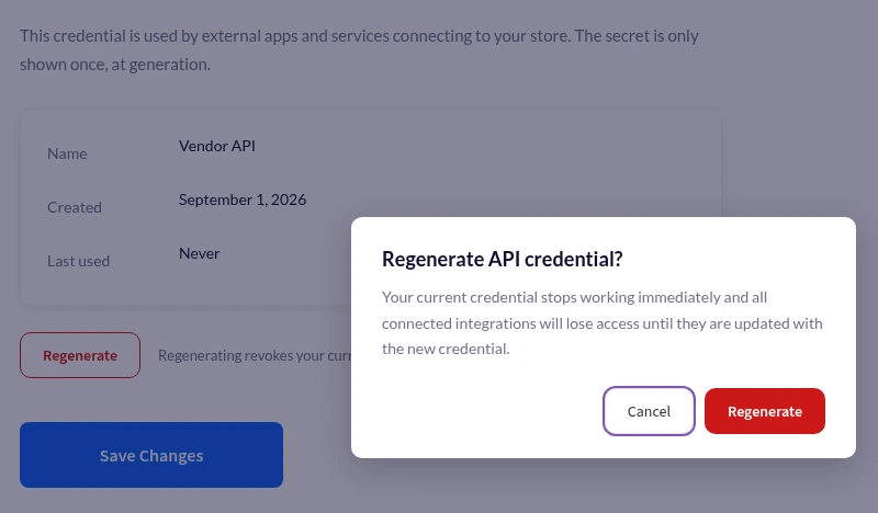 Regenerate vendor API credential dialog - WC Vendors Regenerate API credential confirmation dialog over the vendor credential details showing name, created date, and last used
