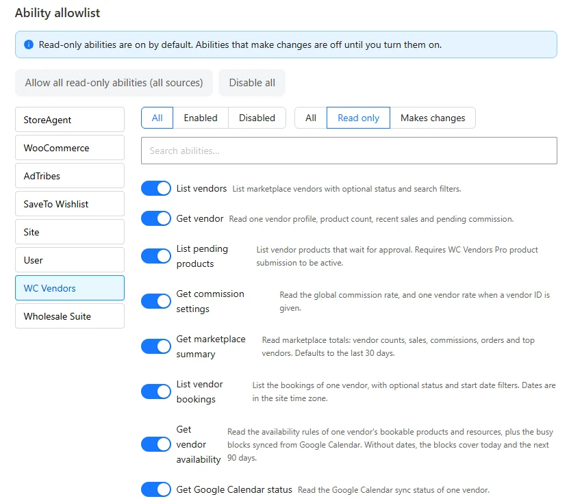 StoreAgent WC Vendors read-only abilities - WC Vendors StoreAgent MCP ability allowlist filtered to WC Vendors read-only abilities, with List vendor bookings, Get vendor availability and Get Google Calendar status switched on