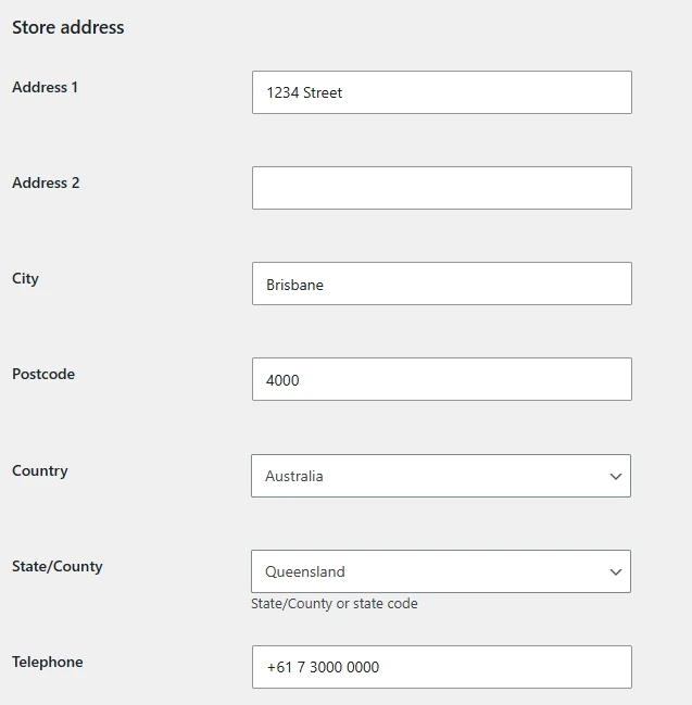 Vendor store address and telephone - WC Vendors Vendor profile Store address section with Address 1, Address 2, City, Postcode, Country, State and Telephone fields