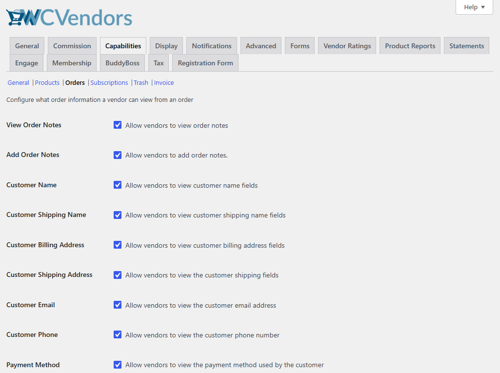 WC Vendors order capabilities settings - WC Vendors WC Vendors Capabilities Orders settings with checkboxes that control whether vendors see customer name, addresses, email, and phone