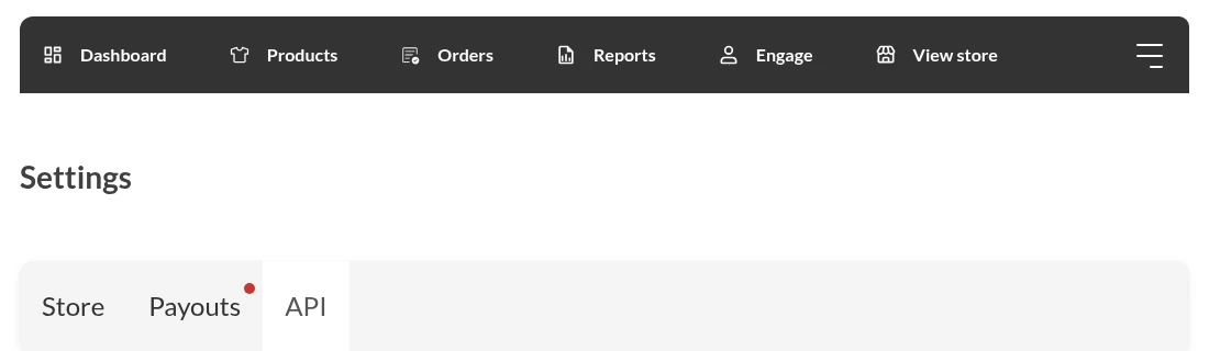 WC Vendors vendor dashboard API tab - WC Vendors WC Vendors vendor dashboard Settings page with the Store, Payouts, and API tabs