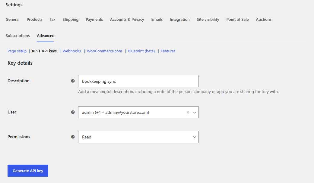 WooCommerce REST API key details - WC Vendors WooCommerce REST API key details screen with the description Bookkeeping sync and Read permissions selected