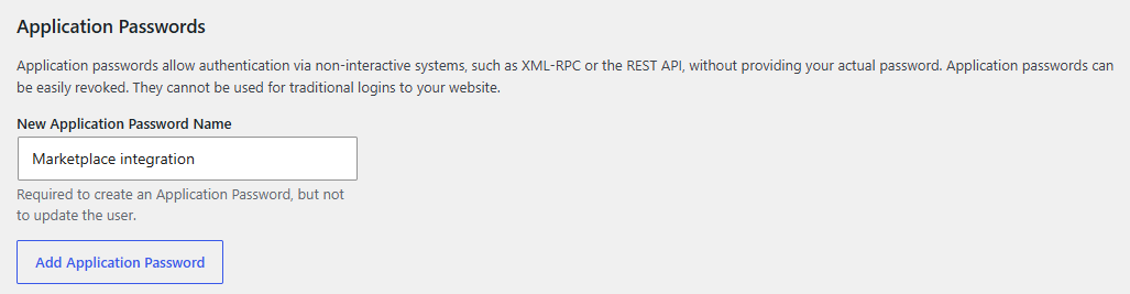 WordPress Application Passwords section - WC Vendors Application Passwords section in the WordPress user profile with a new password named Marketplace integration
