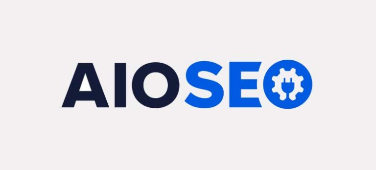 AIOSEO logo with navy AIO and blue SEO text ending in a blue gear icon inside a circle.