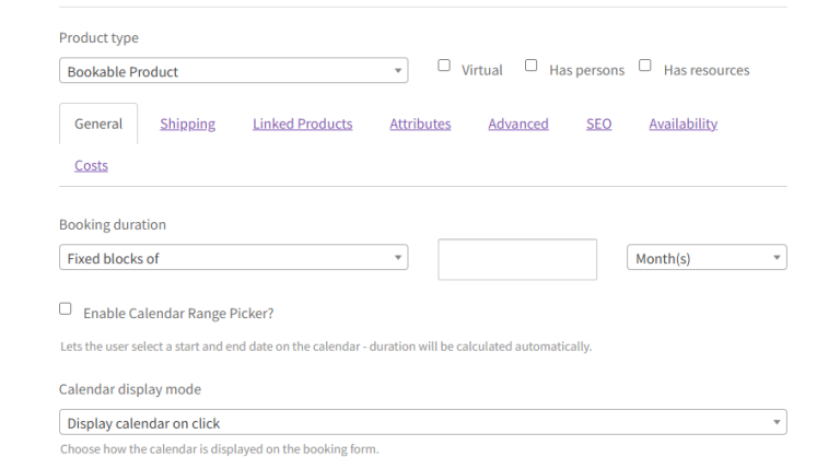 Booking form settings for a bookable product with a Product type dropdown, duration options, and calendar controls.