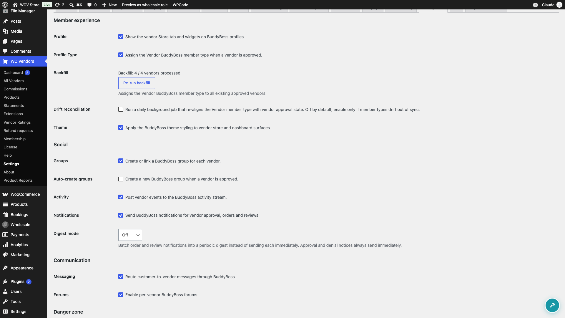 wc-vendors-buddyboss-integration-backfill-progress - WC Vendors The Member experience section with the Backfill progress line and the Re-run backfill button visible