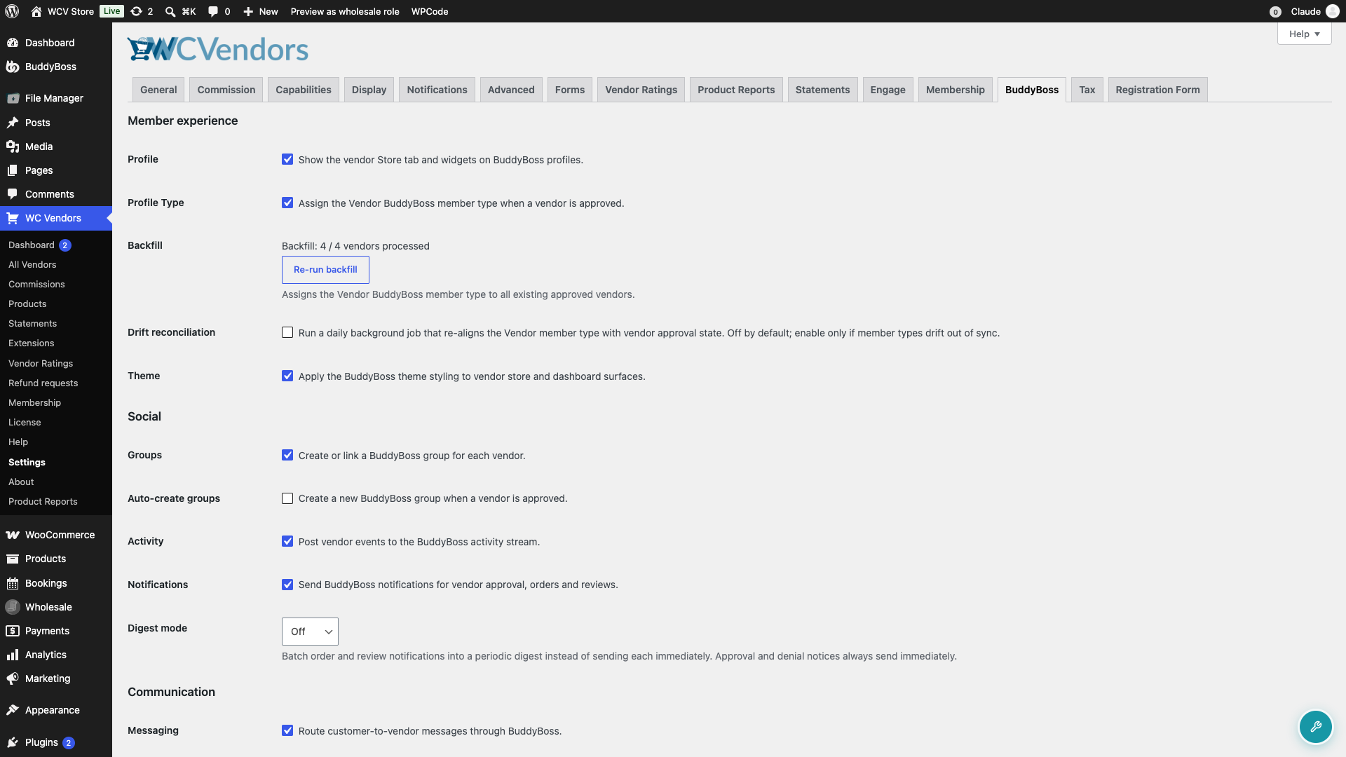 wc-vendors-buddyboss-integration-settings-tab - WC Vendors WC Vendors → Settings with the BuddyBoss tab selected, showing the Member experience, Social and Communication sections