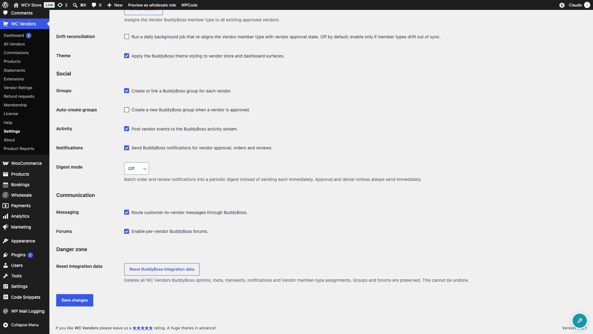 wc-vendors-buddyboss-integration-social-communication-settings - WC Vendors The Social and Communication sections of the BuddyBoss settings tab, with the Save changes button visible