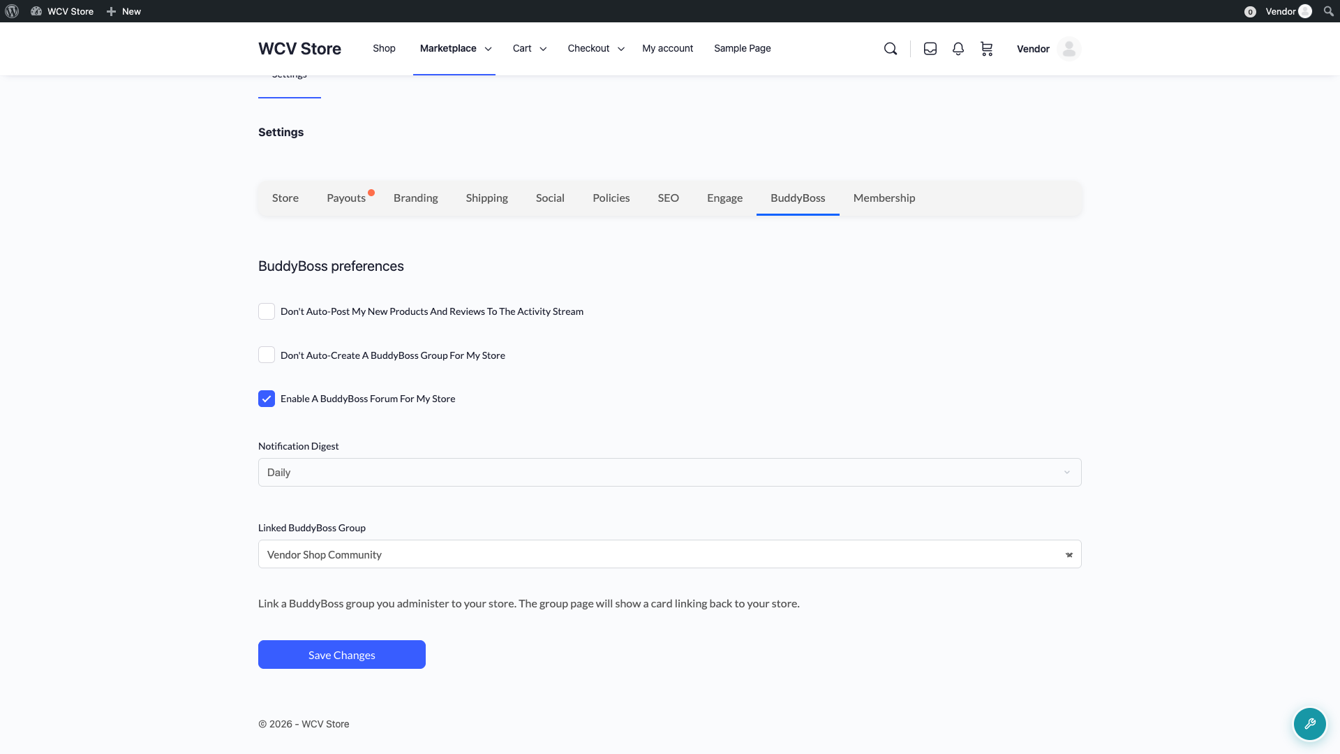 wc-vendors-buddyboss-integration-vendor-dashboard-preferences - WC Vendors Vendor dashboard Settings with the BuddyBoss tab open, showing the BuddyBoss preferences panel
