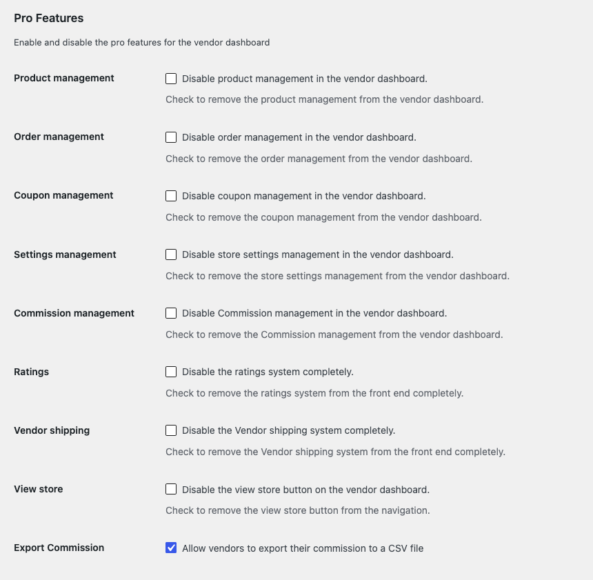 WC Vendors Capabilities Coupon management setting - WC Vendors WC Vendors Capabilities settings, General section, Pro Features group, with the Coupon management checkbox labeled Disable coupon management in the vendor dashboard