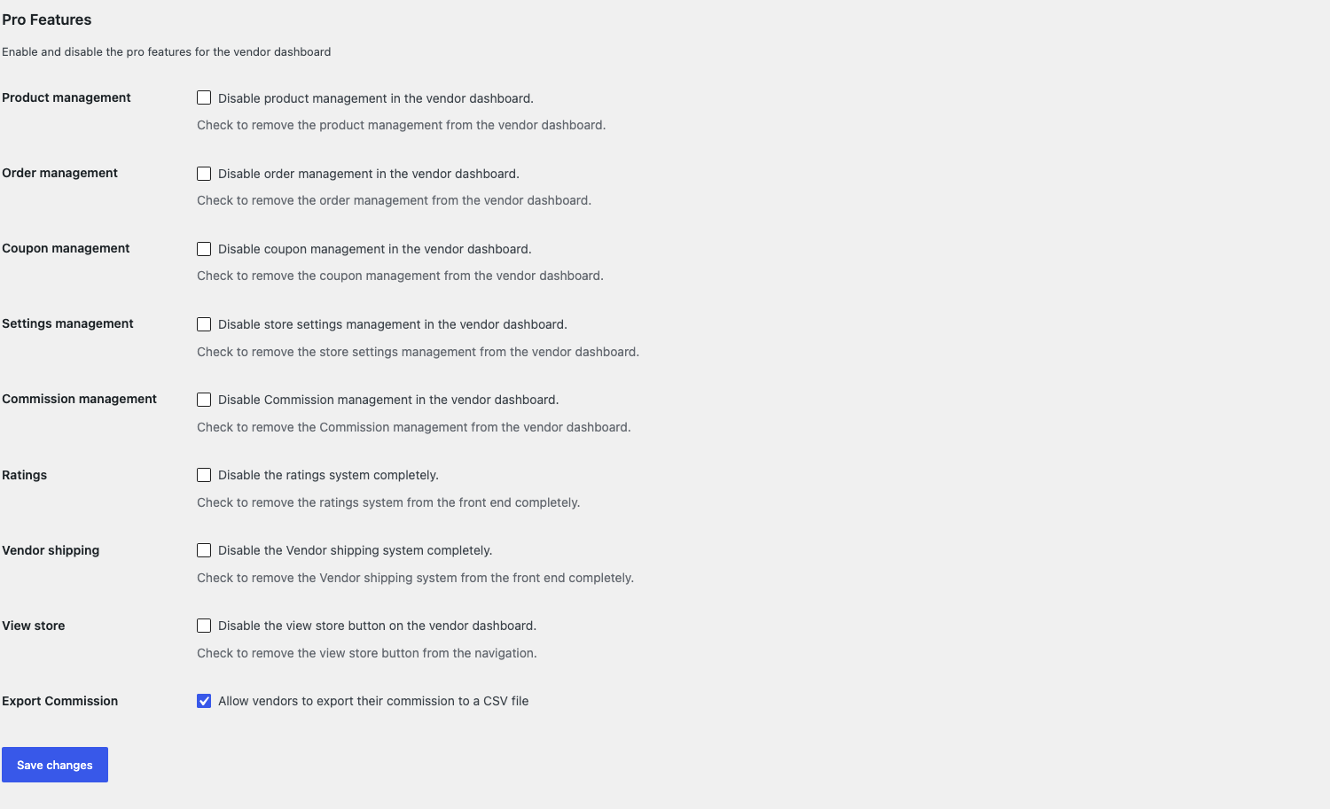 wc-vendors-capabilities-pro-features - WC Vendors Pro Features section on the Capabilities General sub-tab