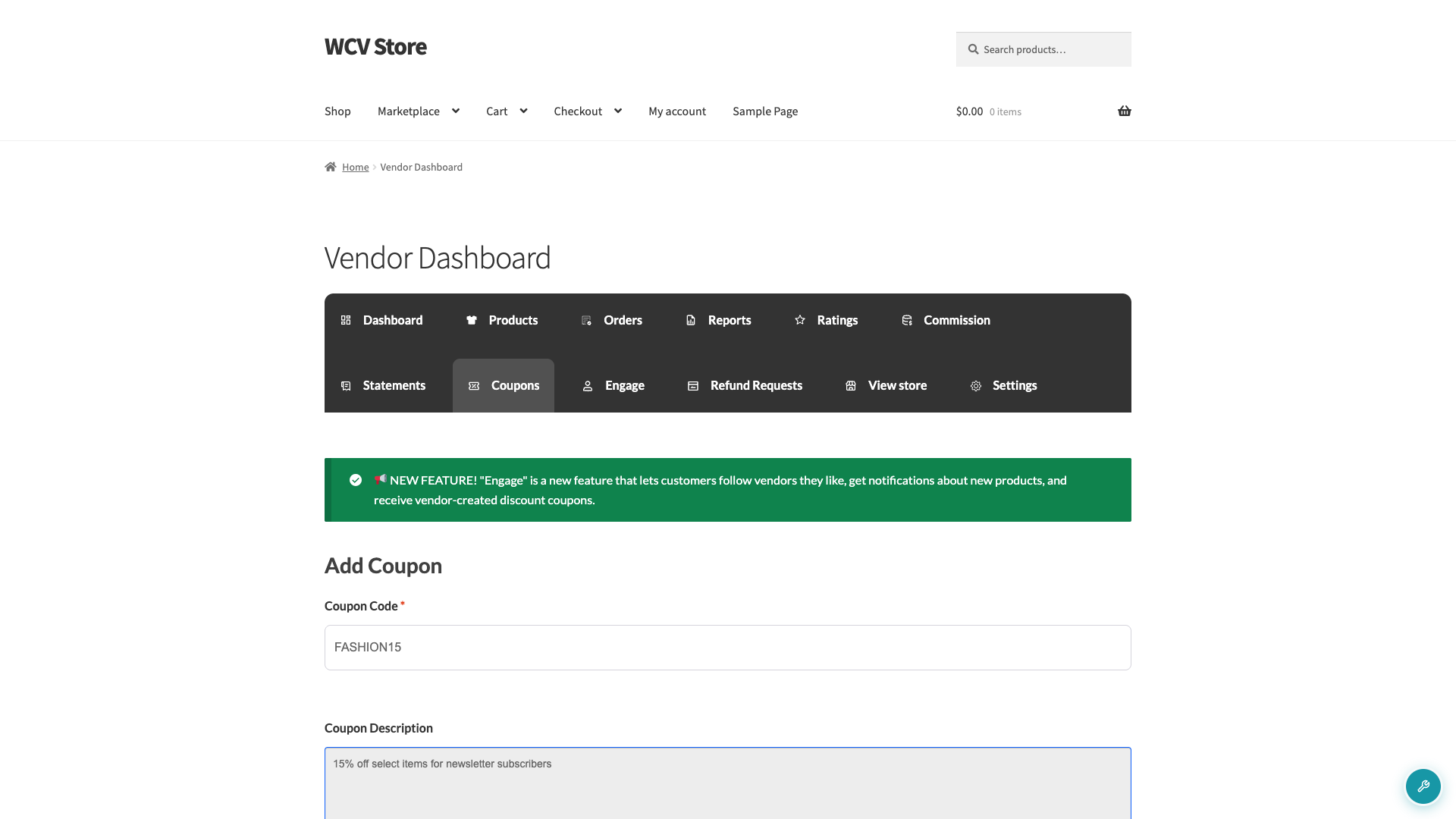 wc-vendors-coupons-add-form - WC Vendors Add Coupon form with the Coupon code and Coupon description fields filled in