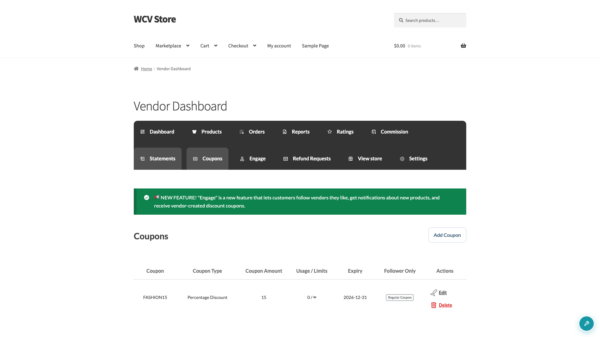 wc-vendors-coupons-dashboard-nav-list - WC Vendors Vendor dashboard navigation menu with the Coupons tab highlighted, coupon list table visible showing columns for Coupon, Coupon Type, Coupon Amount, Usage / Limits, Expiry, Follower Only, and Actions