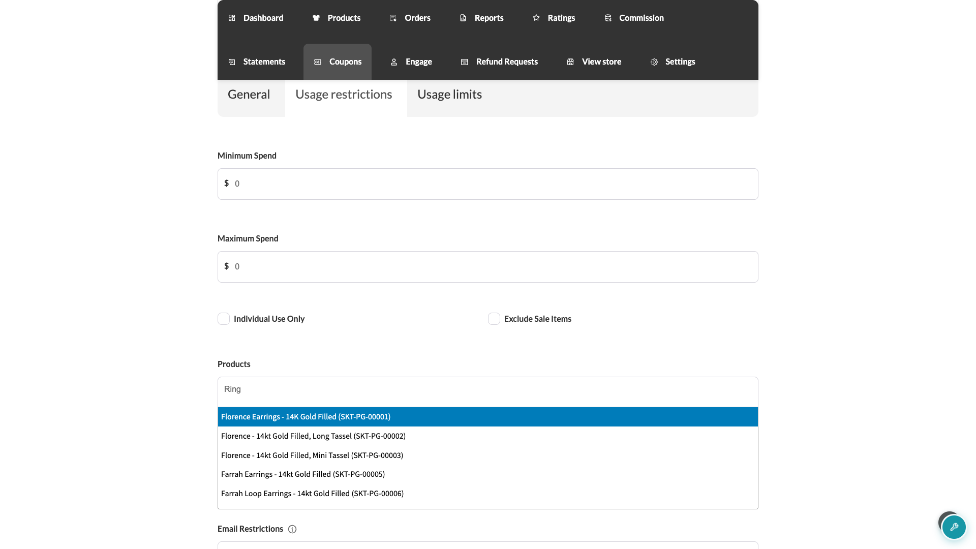 wc-vendors-coupons-usage-restrictions-products - WC Vendors Usage restrictions tab showing the Products field with a product search dropdown open