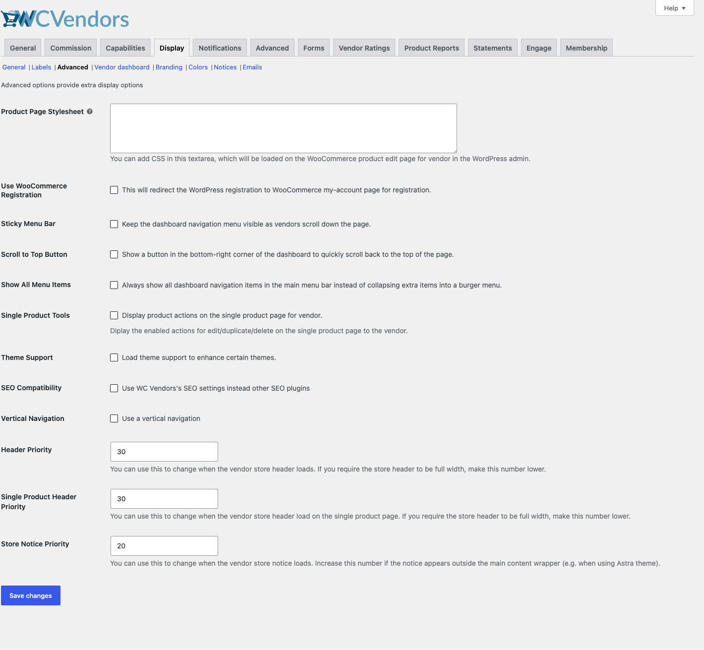 wc-vendors-display-settings-advanced-tab - WC Vendors WC Vendors Einstellungen, Tab „Anzeige“, Abschnitt „Erweitert“, der das Stylesheet-Feld und die Optionen für das Dashboard-Menü zeigt