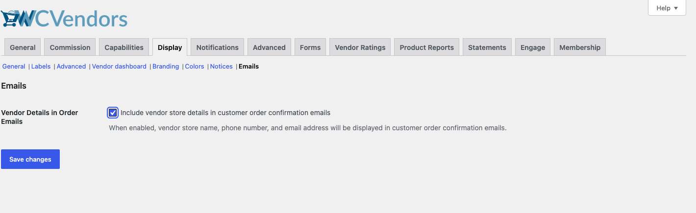 wc-vendors-display-settings-emails-tab - WC Vendors WC Vendors Einstellungen, Tab „Anzeige“, Abschnitt „E-Mails“, der die Option „Anbieterdetails in Bestell-E-Mails“ zeigt