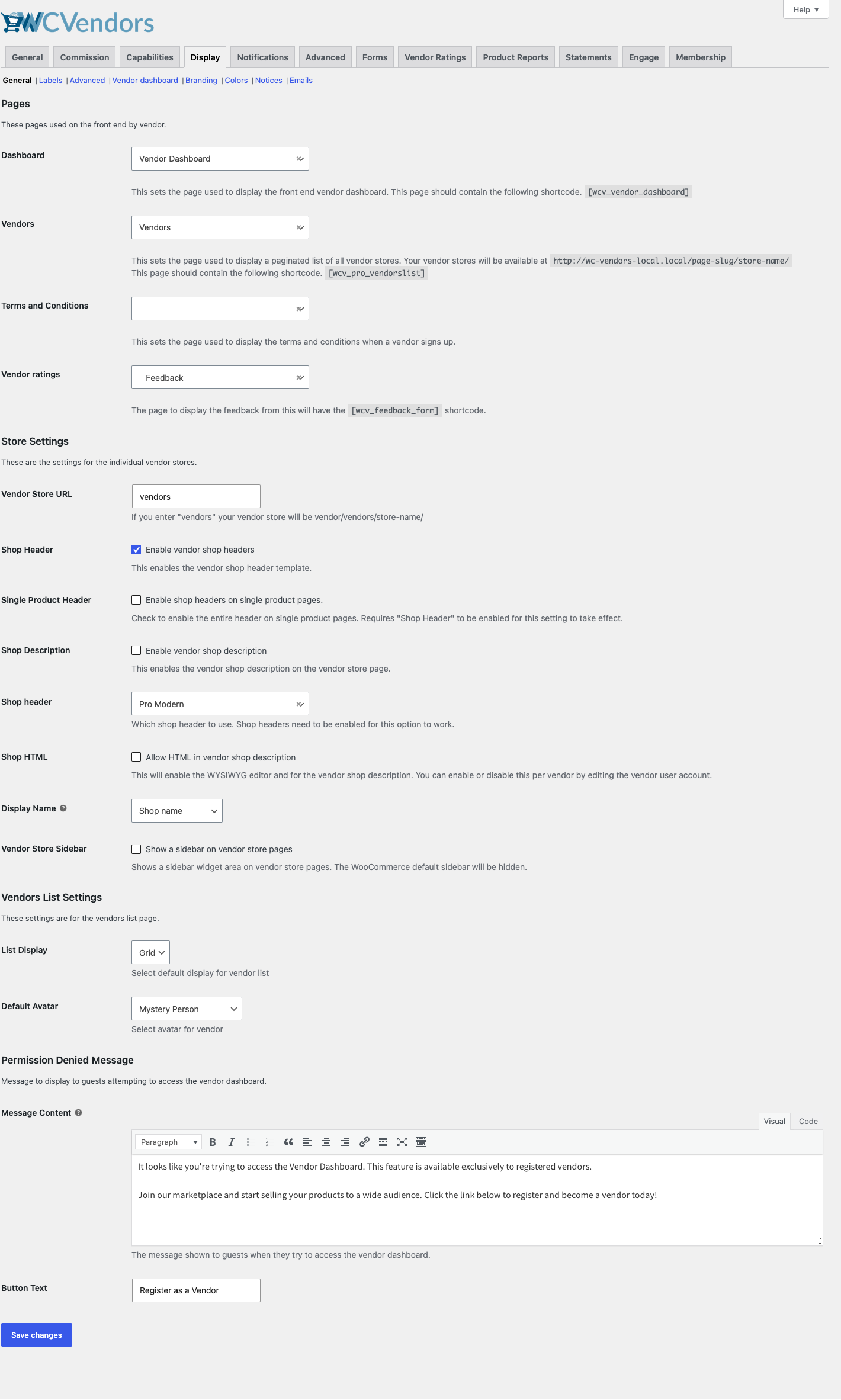 wc-vendors-display-settings-general-tab - WC Vendors WC Vendors Einstellungen, Tab „Anzeige“, Abschnitt „Allgemein“, der die Abschnitte „Seiten“ und „Shop-Einstellungen“ mit ausgewählten Seiten zeigt